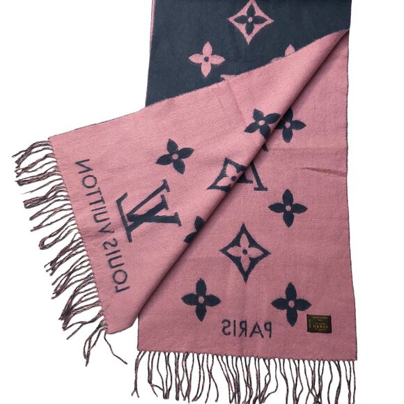 LOUIS VUITTON Reykjavik Navy Blue & Lavender Reversible Cashmere Scarf Pre-Owned - Picture 7 of 11